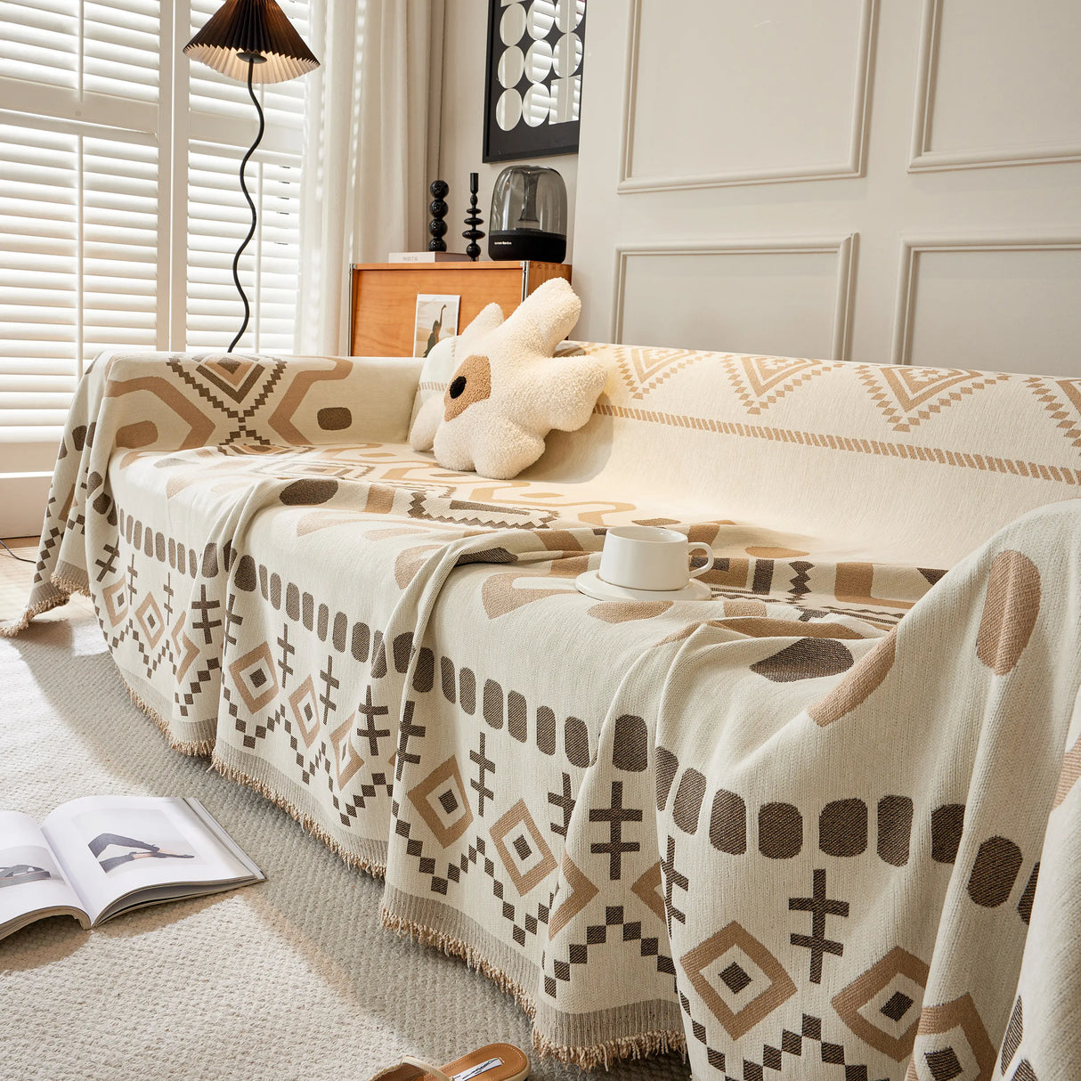 Boho Geometric Chenille Throw Sofa Cover Soft Textured Decorative Couch Blanket