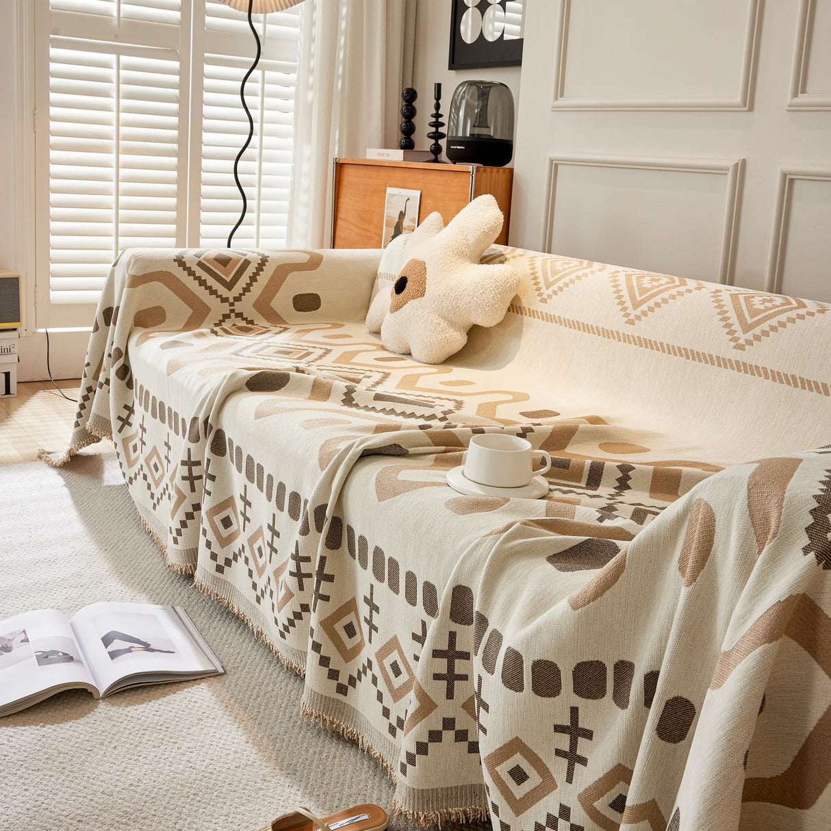 Boho Geometric Chenille Throw Sofa Cover Soft Textured Decorative Couch Blanket