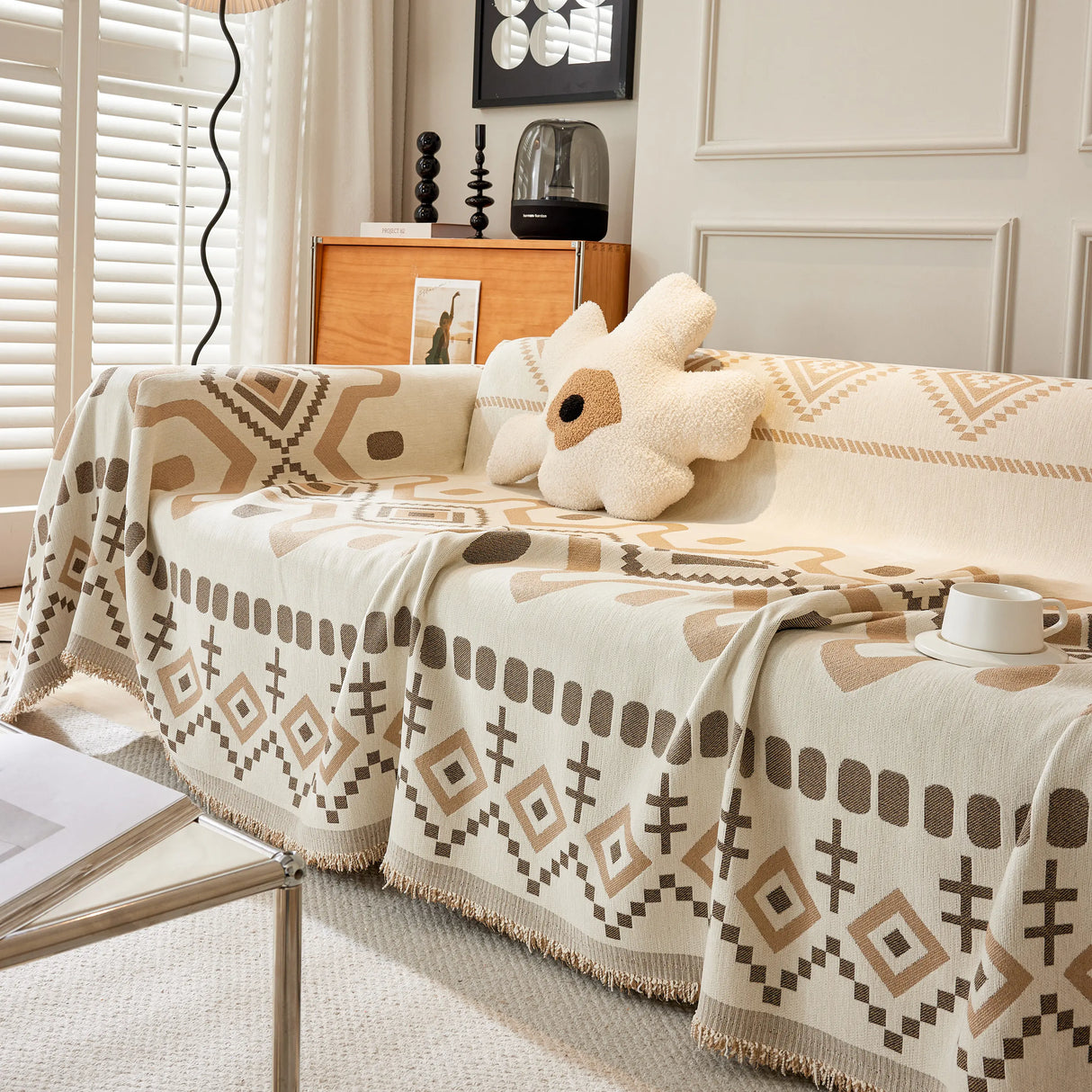 Boho Geometric Chenille Throw Sofa Cover Soft Textured Decorative Couch Blanket