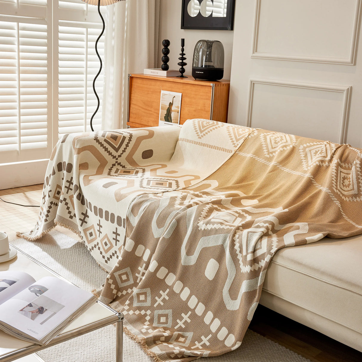 Boho Geometric Chenille Throw Sofa Cover Soft Textured Decorative Couch Blanket