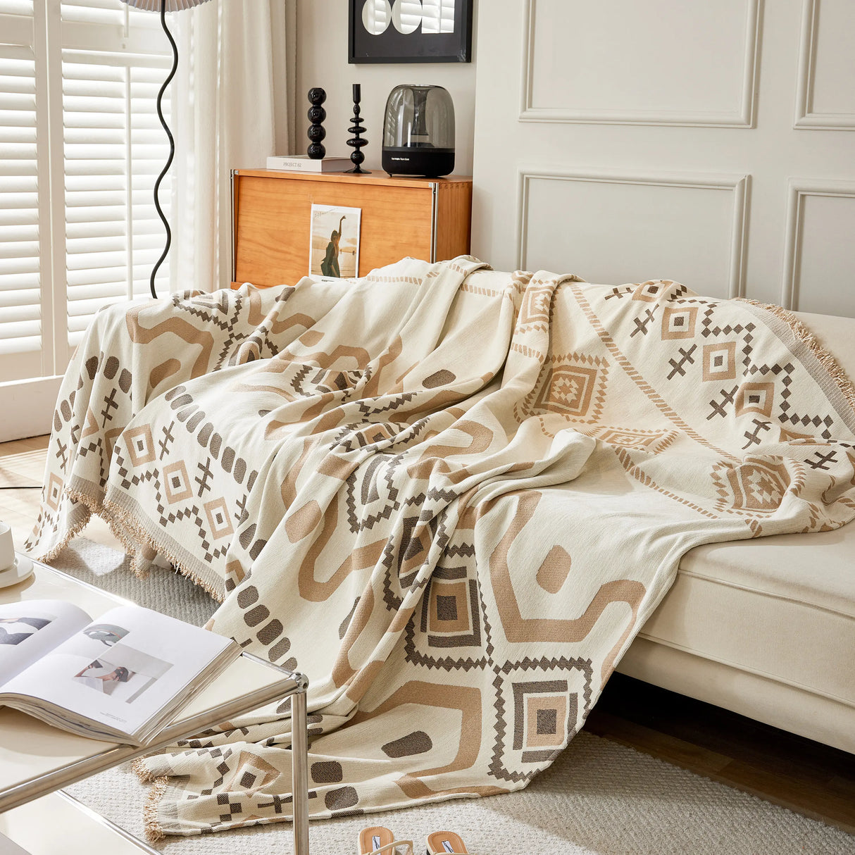 Boho Geometric Chenille Throw Sofa Cover Soft Textured Decorative Couch Blanket