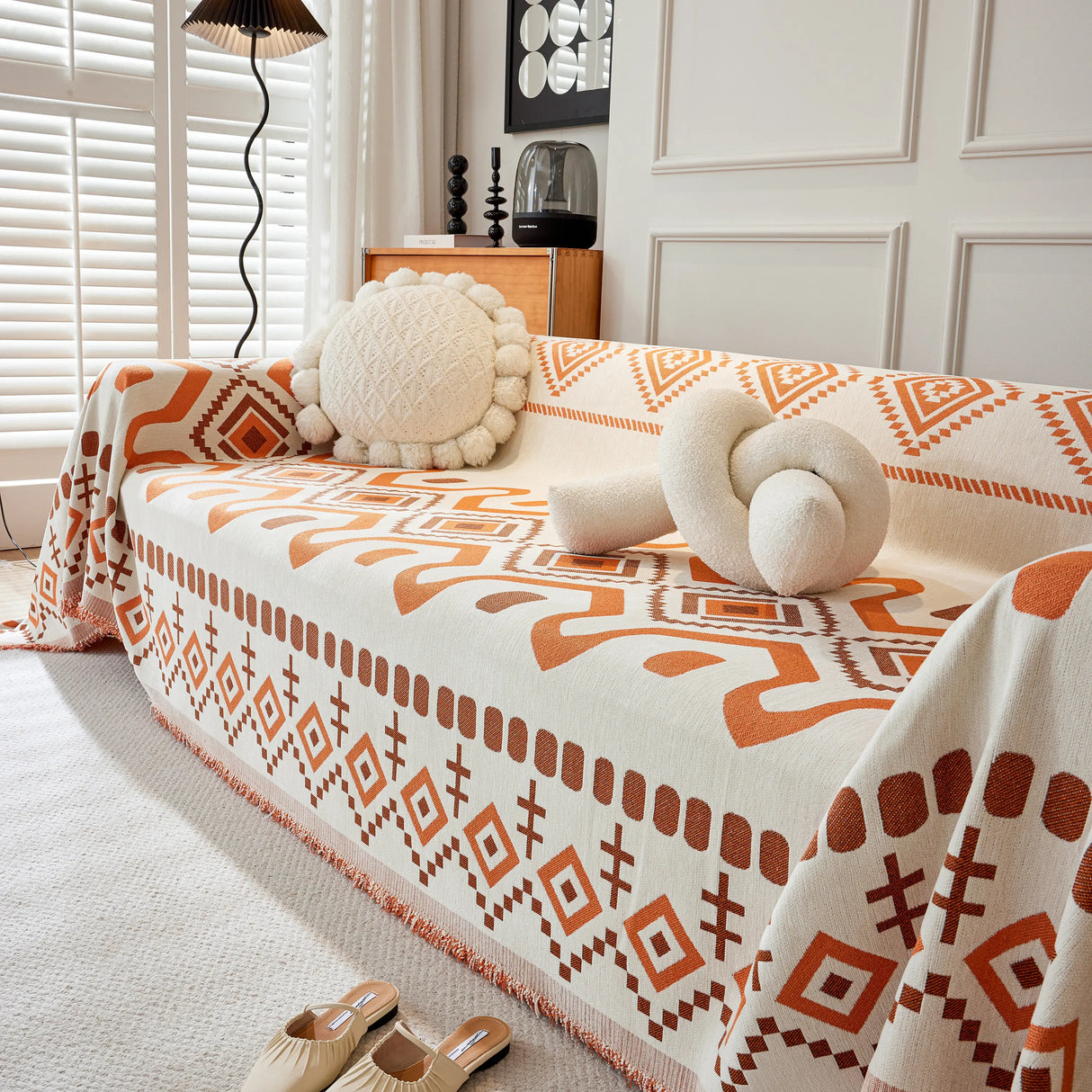 Boho Geometric Chenille Throw Sofa Cover Soft Textured Decorative Couch Blanket