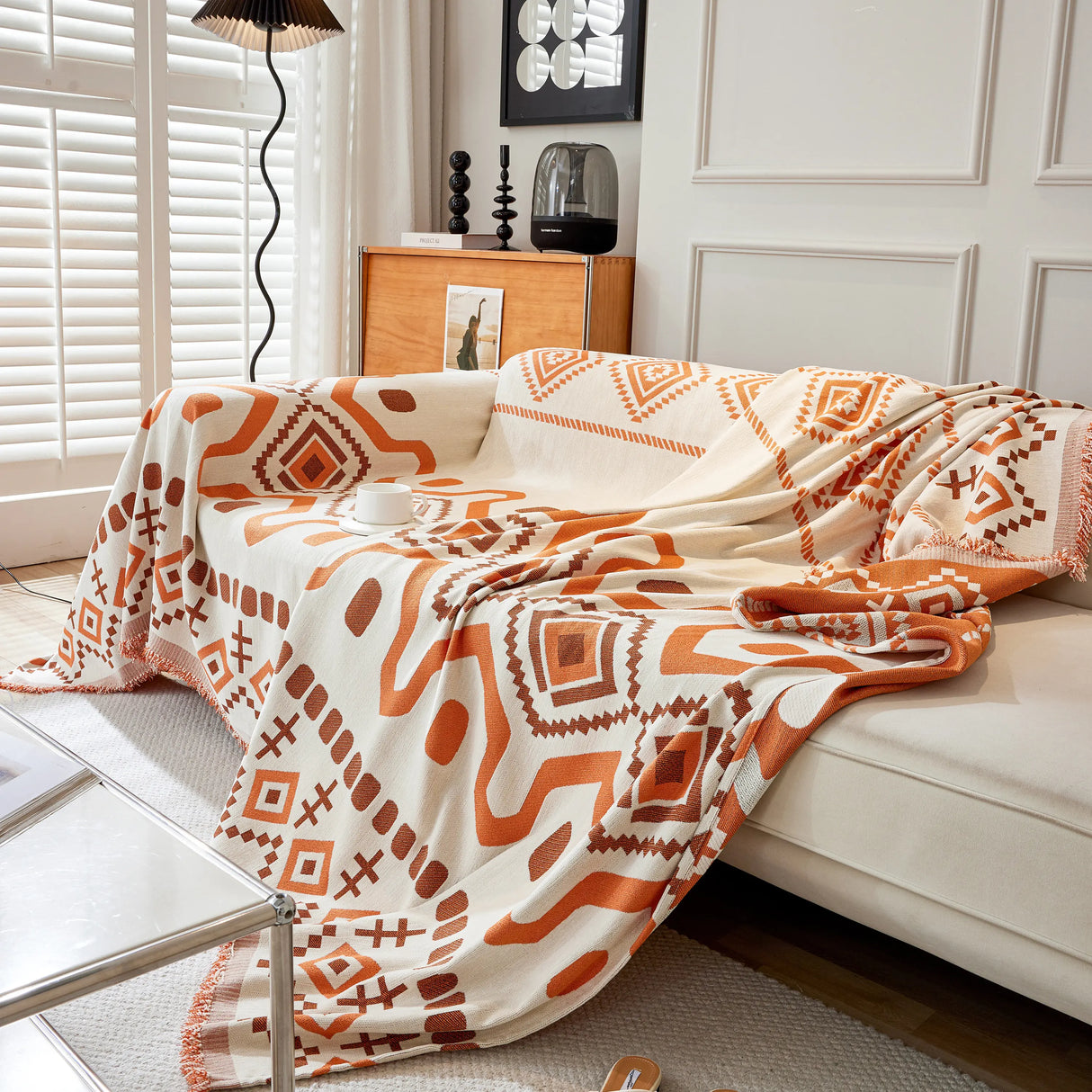 Boho Geometric Chenille Throw Sofa Cover Soft Textured Decorative Couch Blanket