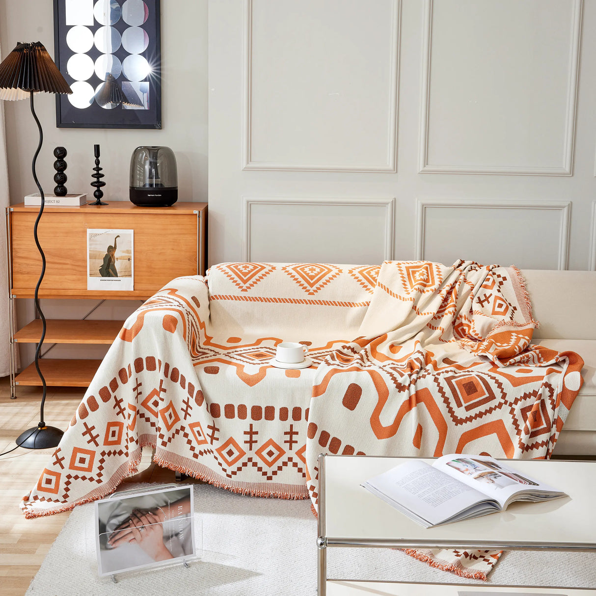 Boho Geometric Chenille Throw Sofa Cover Soft Textured Decorative Couch Blanket