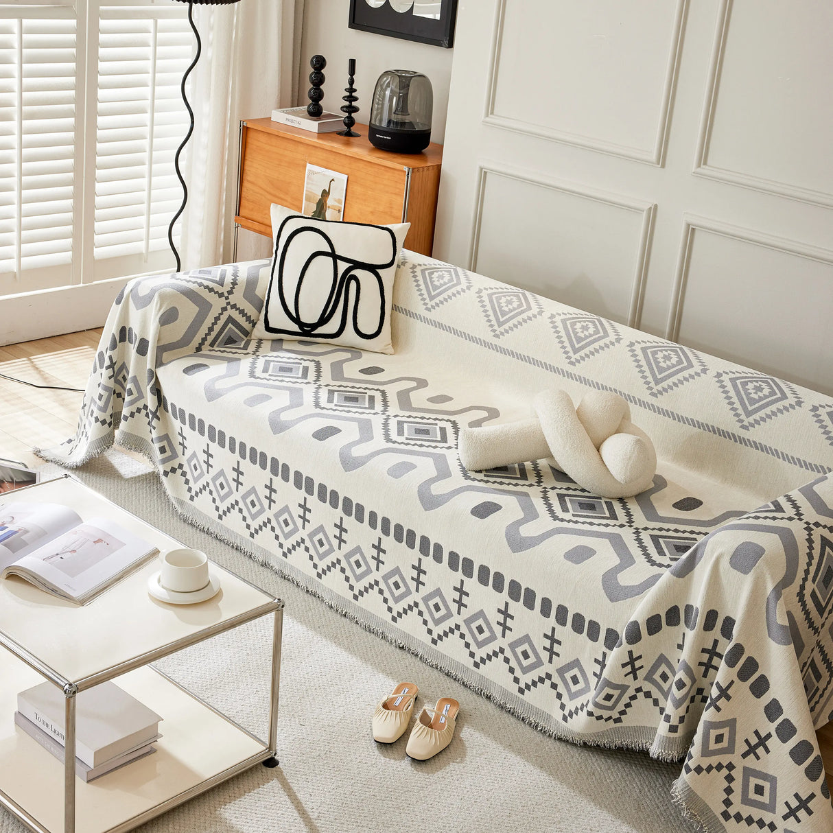 Boho Geometric Chenille Throw Sofa Cover Soft Textured Decorative Couch Blanket