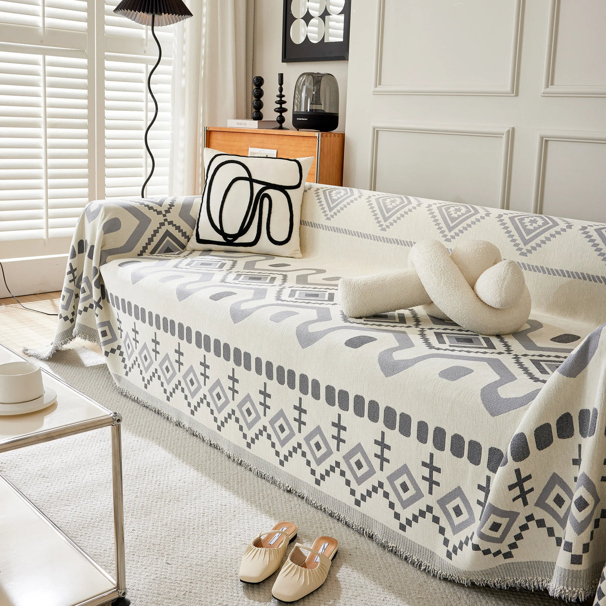 Boho Geometric Chenille Throw Sofa Cover Soft Textured Decorative Couch Blanket