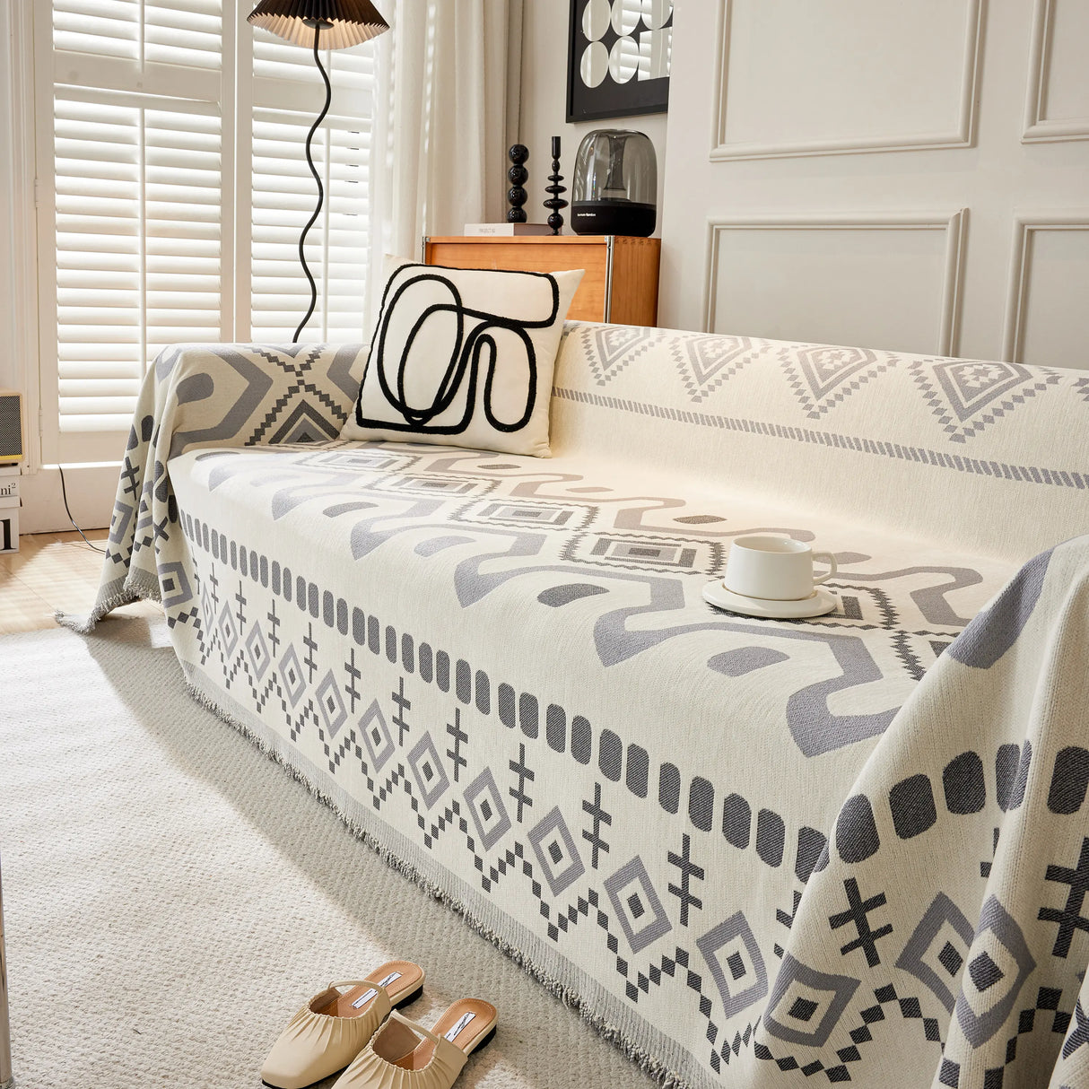 Boho Geometric Chenille Throw Sofa Cover Soft Textured Decorative Couch Blanket