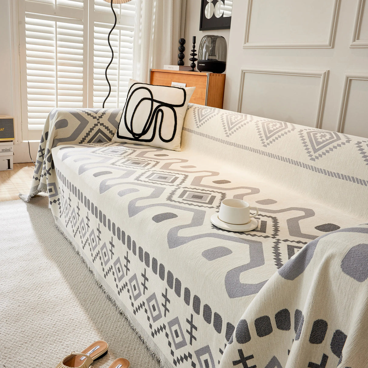 Boho Geometric Chenille Throw Sofa Cover Soft Textured Decorative Couch Blanket