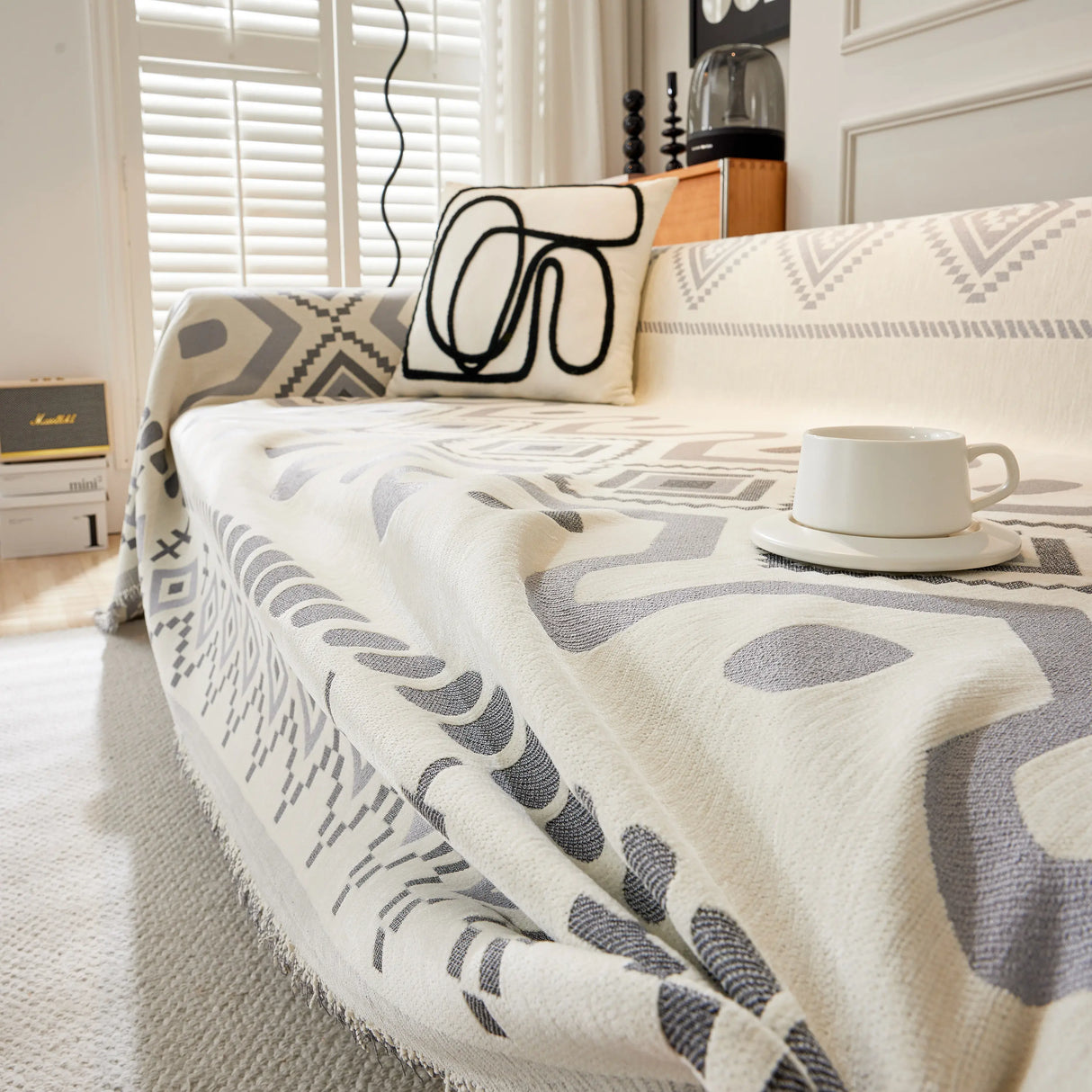 Boho Geometric Chenille Throw Sofa Cover Soft Textured Decorative Couch Blanket