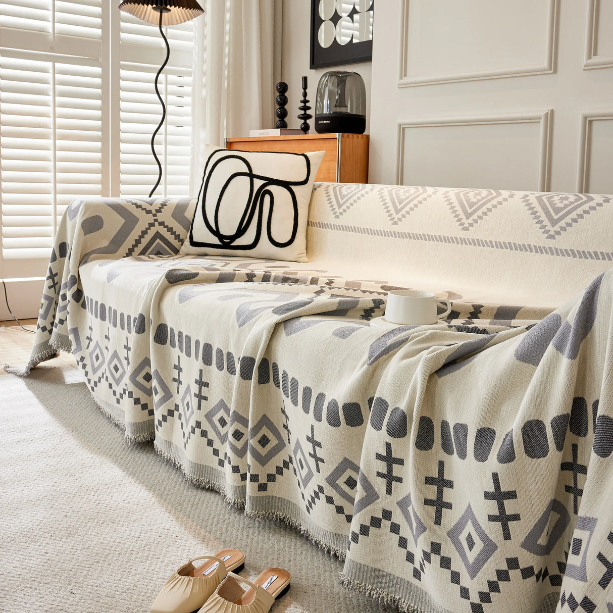 Boho Geometric Chenille Throw Sofa Cover Soft Textured Decorative Couch Blanket