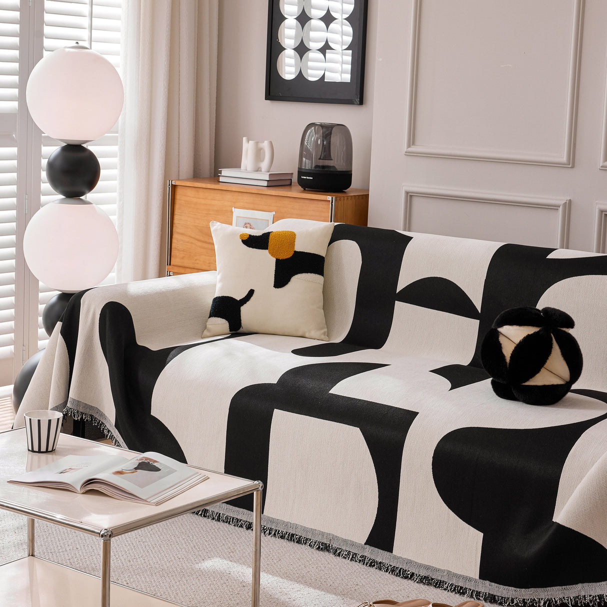 Modern Abstract Chenille Sofa Cover, Large Soft Throw Blanket with Tassels for Couch