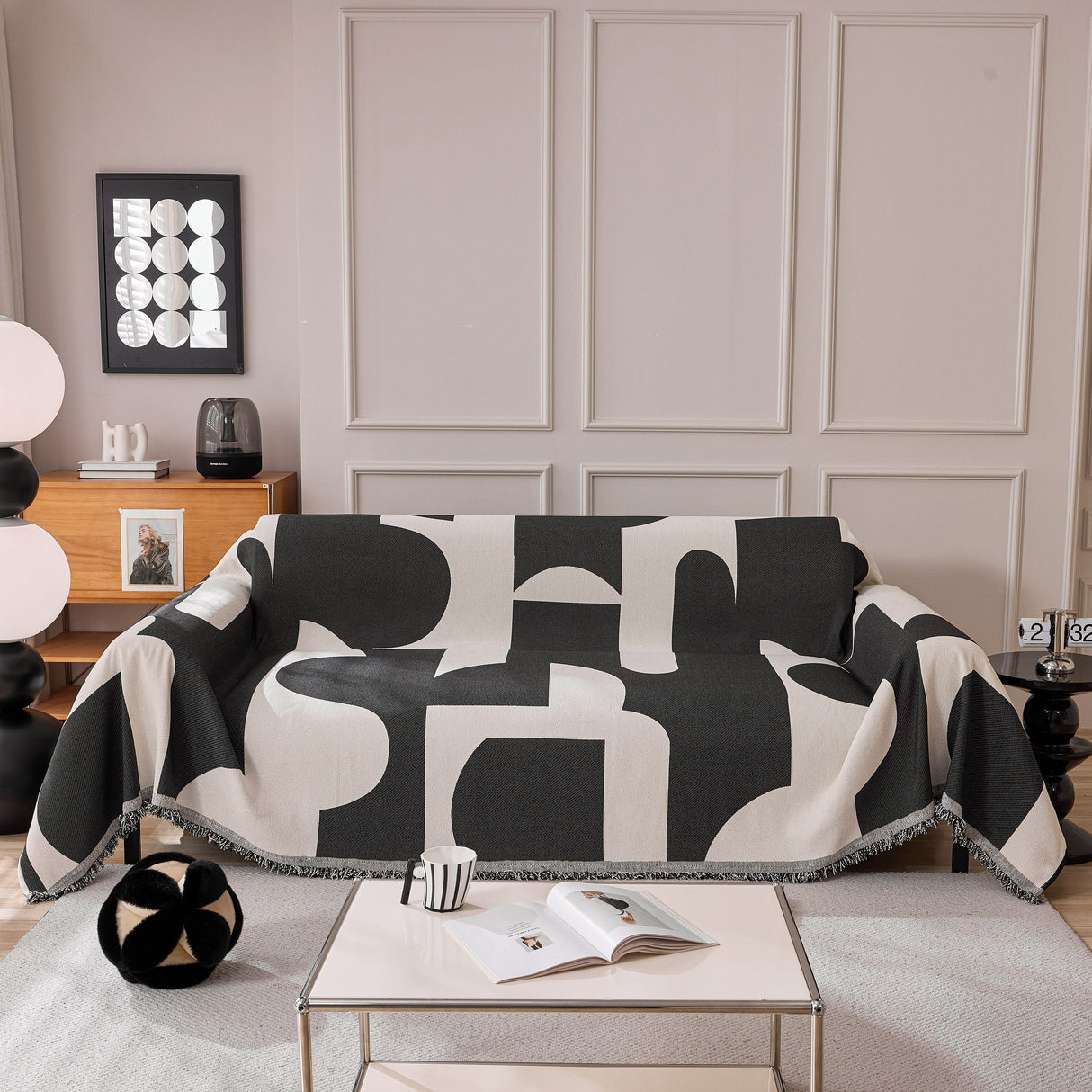 Modern Abstract Chenille Sofa Cover, Large Soft Throw Blanket with Tassels for Couch