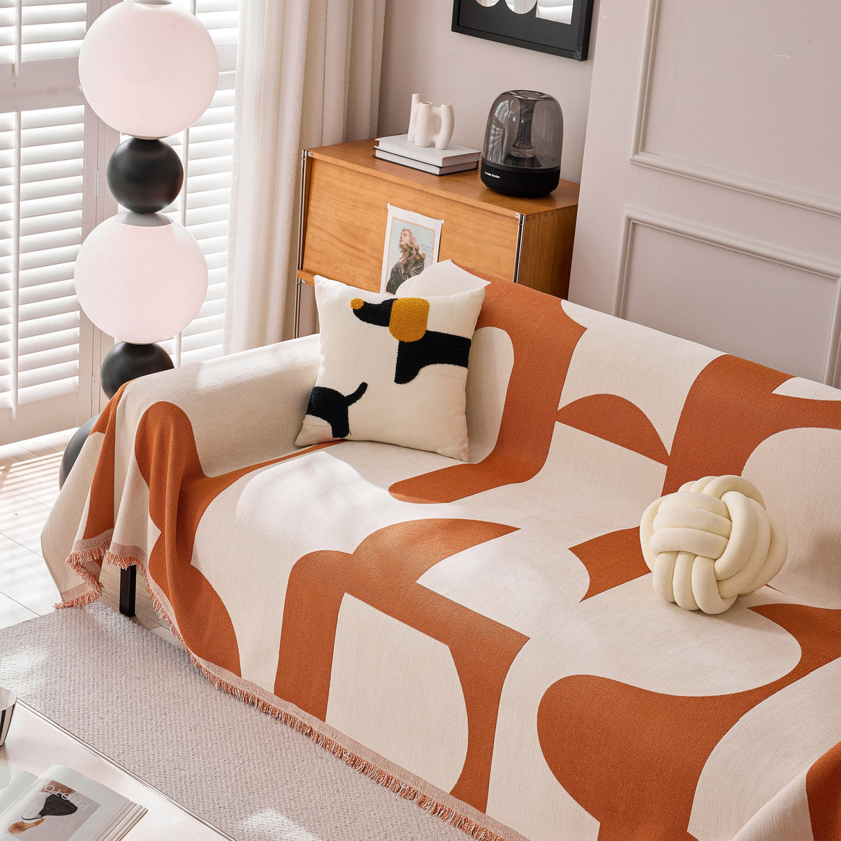 Modern Abstract Chenille Sofa Cover, Large Soft Throw Blanket with Tassels for Couch