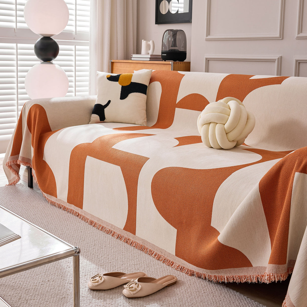 Modern Abstract Chenille Sofa Cover, Large Soft Throw Blanket with Tassels for Couch