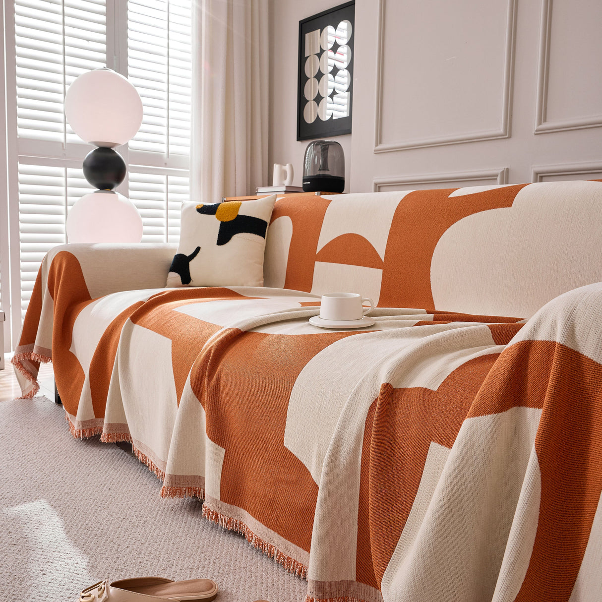 Modern Abstract Chenille Sofa Cover, Large Soft Throw Blanket with Tassels for Couch