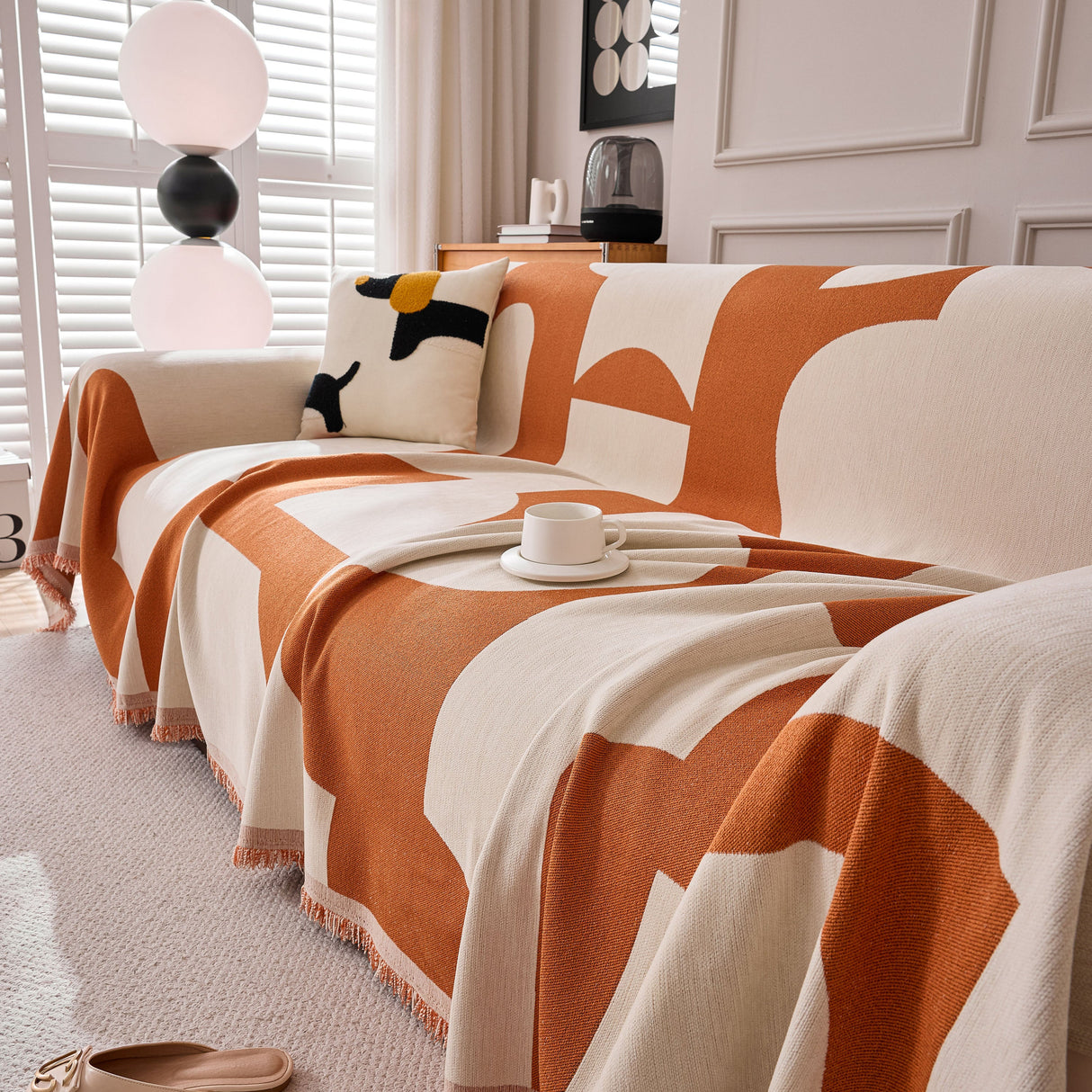 Modern Abstract Chenille Sofa Cover, Large Soft Throw Blanket with Tassels for Couch