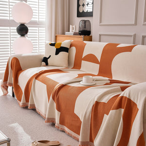 Modern Abstract Chenille Sofa Cover, Large Soft Throw Blanket with Tassels for Couch