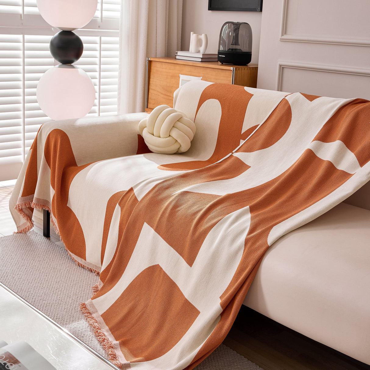 Modern Abstract Chenille Sofa Cover, Large Soft Throw Blanket with Tassels for Couch