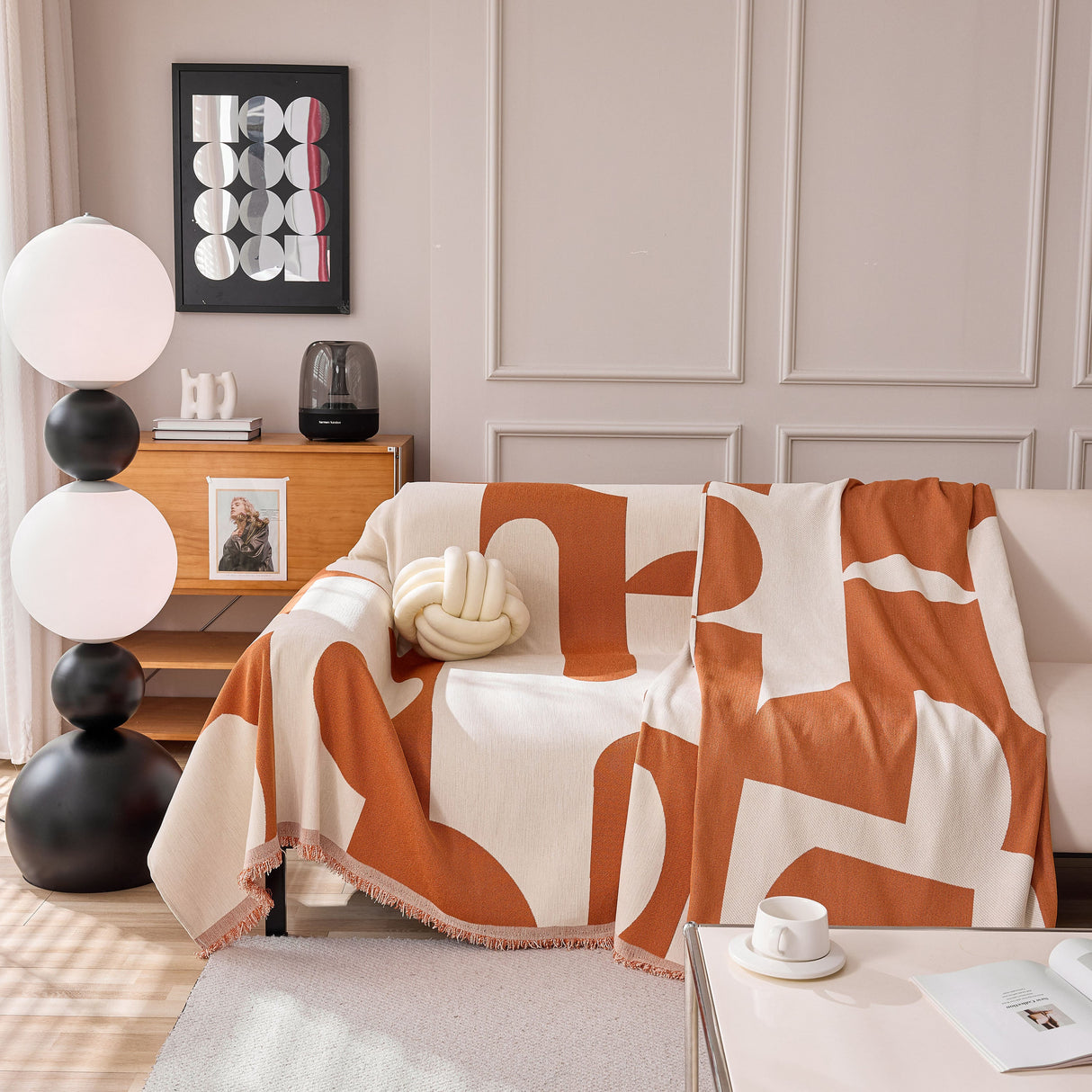 Modern Abstract Chenille Sofa Cover, Large Soft Throw Blanket with Tassels for Couch