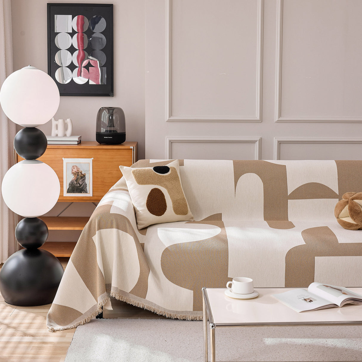 Modern Abstract Chenille Sofa Cover, Large Soft Throw Blanket with Tassels for Couch