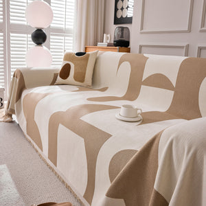 Modern Abstract Chenille Sofa Cover, Large Soft Throw Blanket with Tassels for Couch