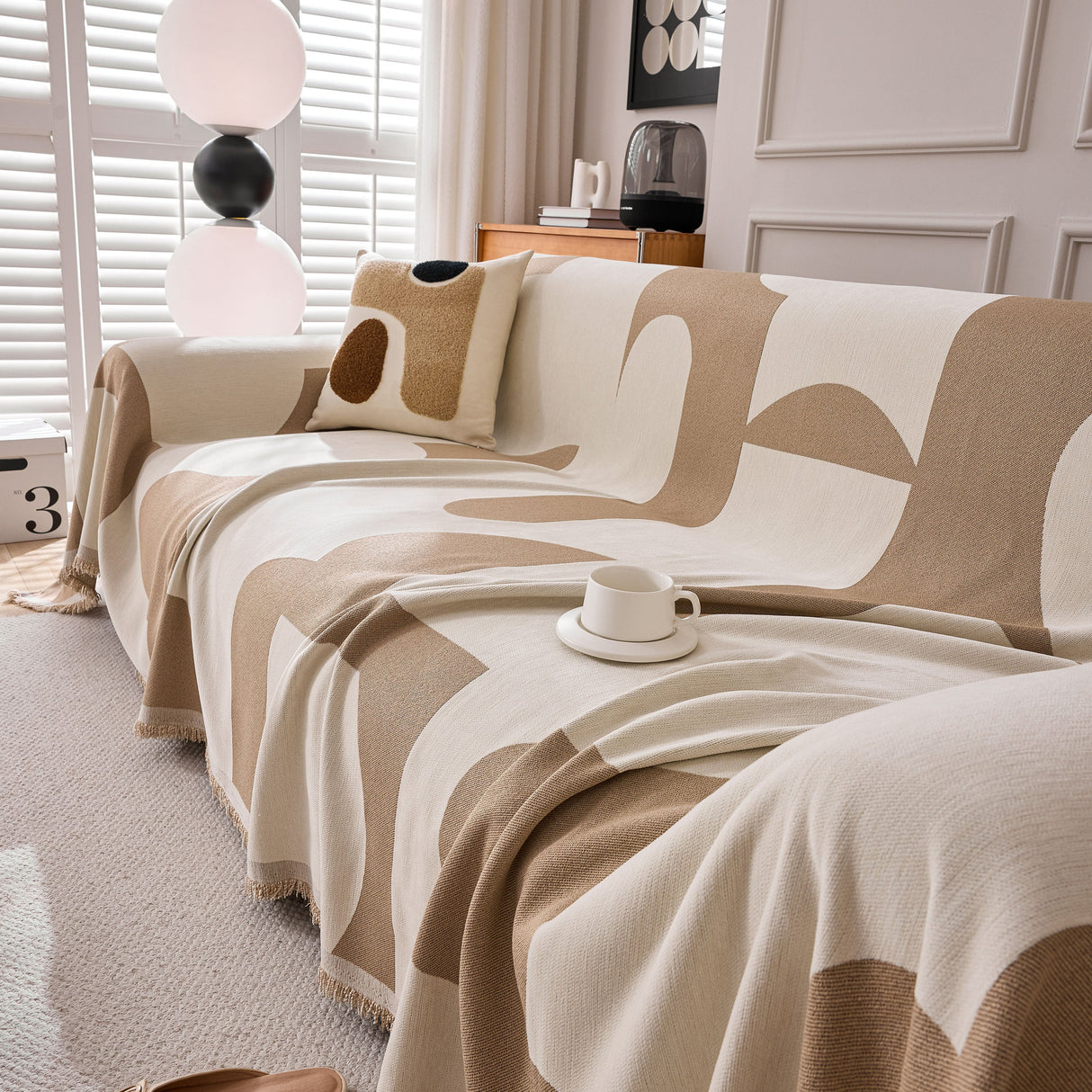 Modern Abstract Chenille Sofa Cover, Large Soft Throw Blanket with Tassels for Couch