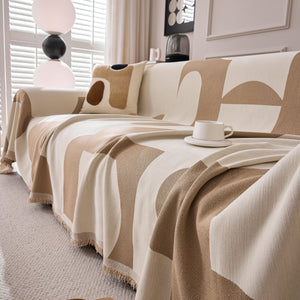 Modern Abstract Chenille Sofa Cover, Large Soft Throw Blanket with Tassels for Couch