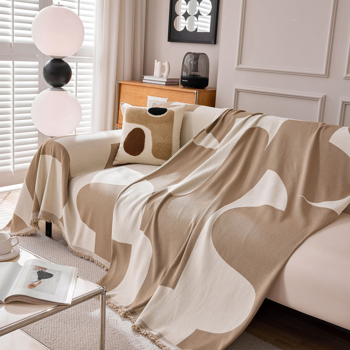 Modern Abstract Chenille Sofa Cover, Large Soft Throw Blanket with Tassels for Couch