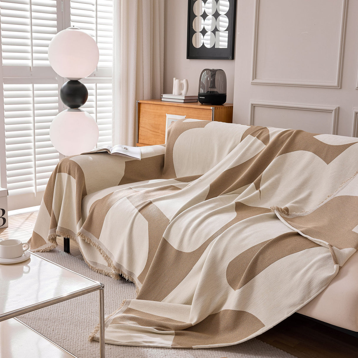 Modern Abstract Chenille Sofa Cover, Large Soft Throw Blanket with Tassels for Couch