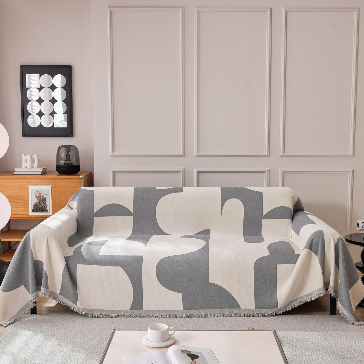 Modern Abstract Chenille Sofa Cover, Large Soft Throw Blanket with Tassels for Couch