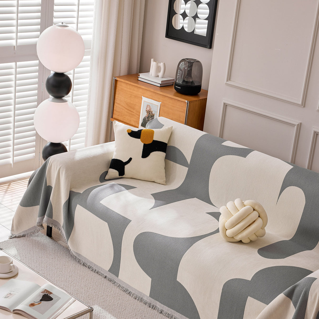 Modern Abstract Chenille Sofa Cover, Large Soft Throw Blanket with Tassels for Couch