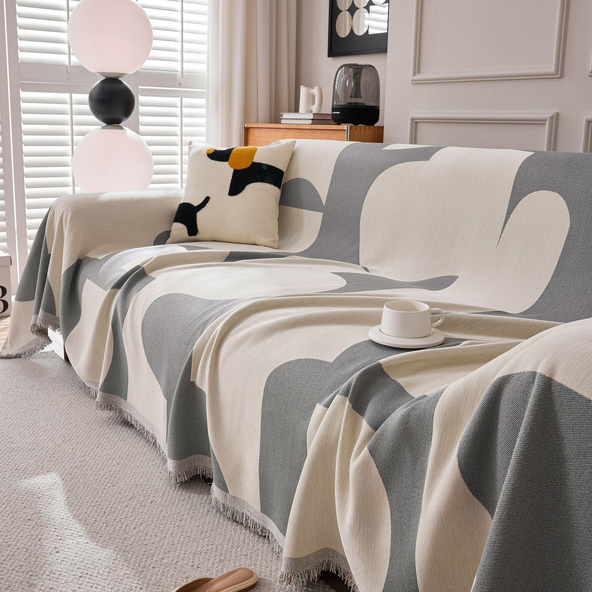 Modern Abstract Chenille Sofa Cover, Large Soft Throw Blanket with Tassels for Couch