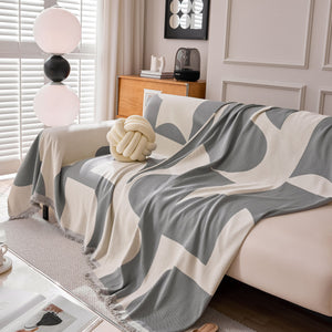 Modern Abstract Chenille Sofa Cover, Large Soft Throw Blanket with Tassels for Couch