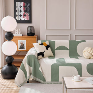Modern Abstract Chenille Sofa Cover, Large Soft Throw Blanket with Tassels for Couch