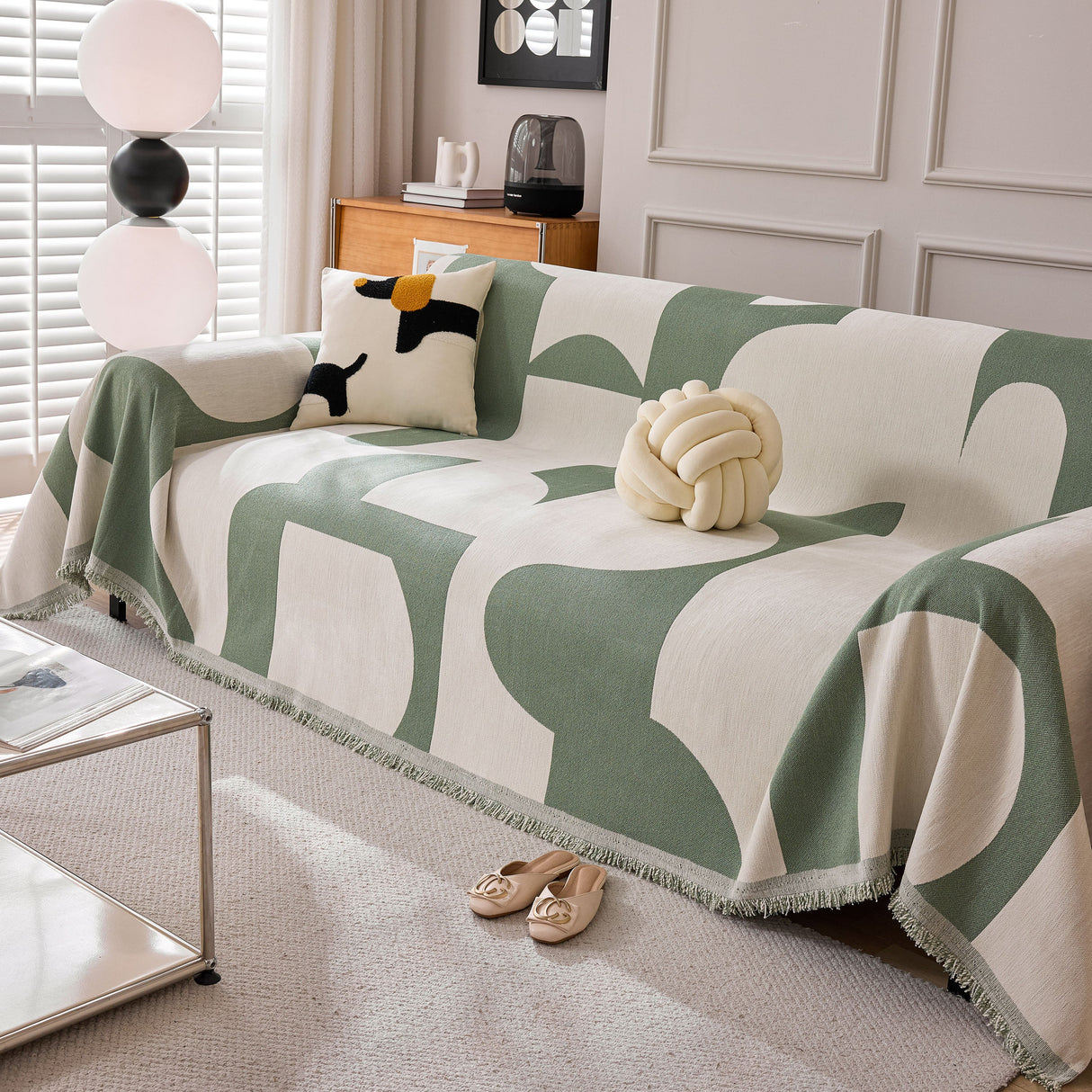 Modern Abstract Chenille Sofa Cover, Large Soft Throw Blanket with Tassels for Couch