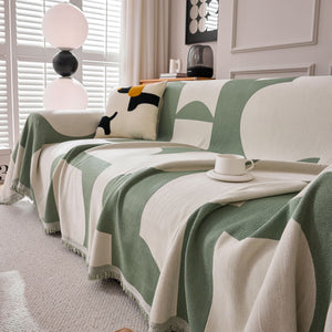 Modern Abstract Chenille Sofa Cover, Large Soft Throw Blanket with Tassels for Couch