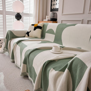 Modern Abstract Chenille Sofa Cover, Large Soft Throw Blanket with Tassels for Couch