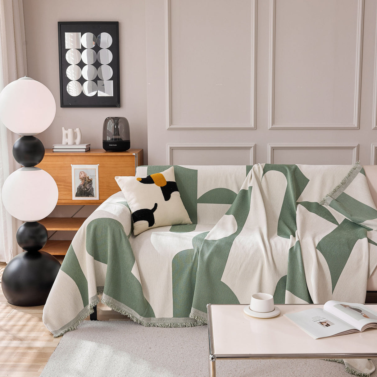 Modern Abstract Chenille Sofa Cover, Large Soft Throw Blanket with Tassels for Couch