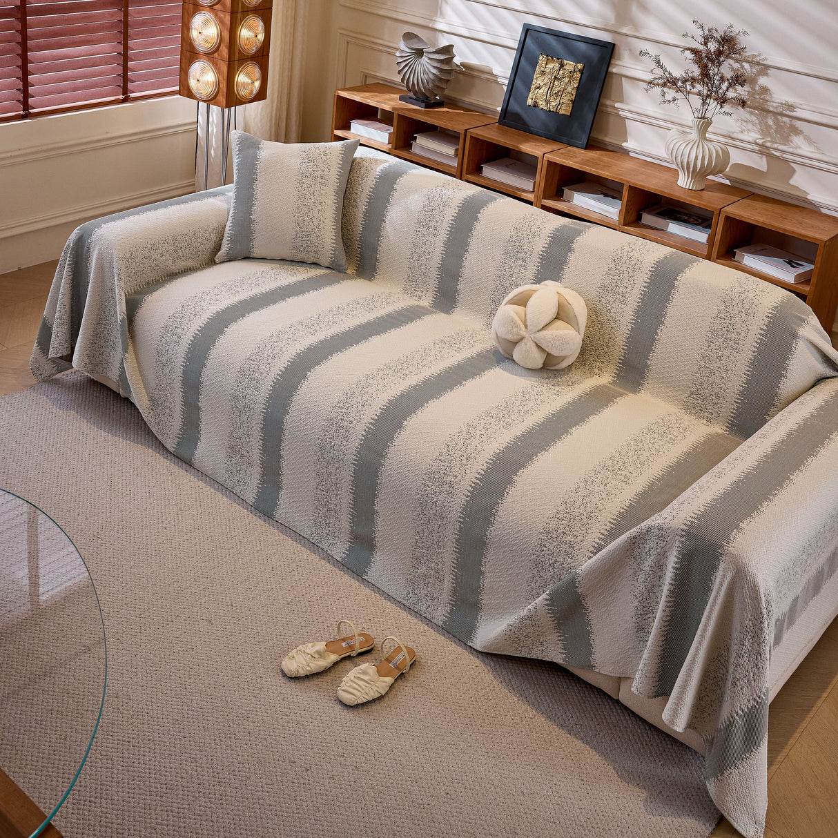 Modern Striped Couch Protector Blanket, Furniture Slipcover for L Shaped Sectionals