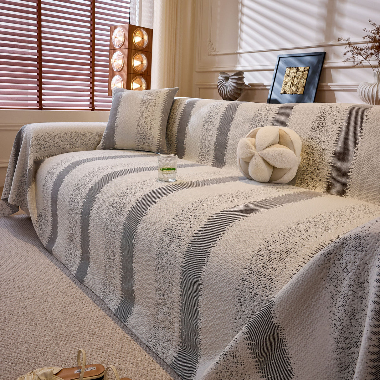 Modern Striped Couch Protector Blanket, Furniture Slipcover for L Shaped Sectionals