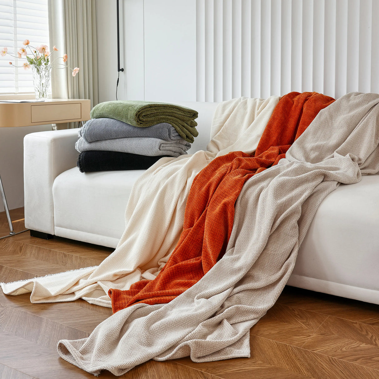 Chenille Thickened Solid Couch Blanket Throws, Reversible Couch Covers for Sectional Couches