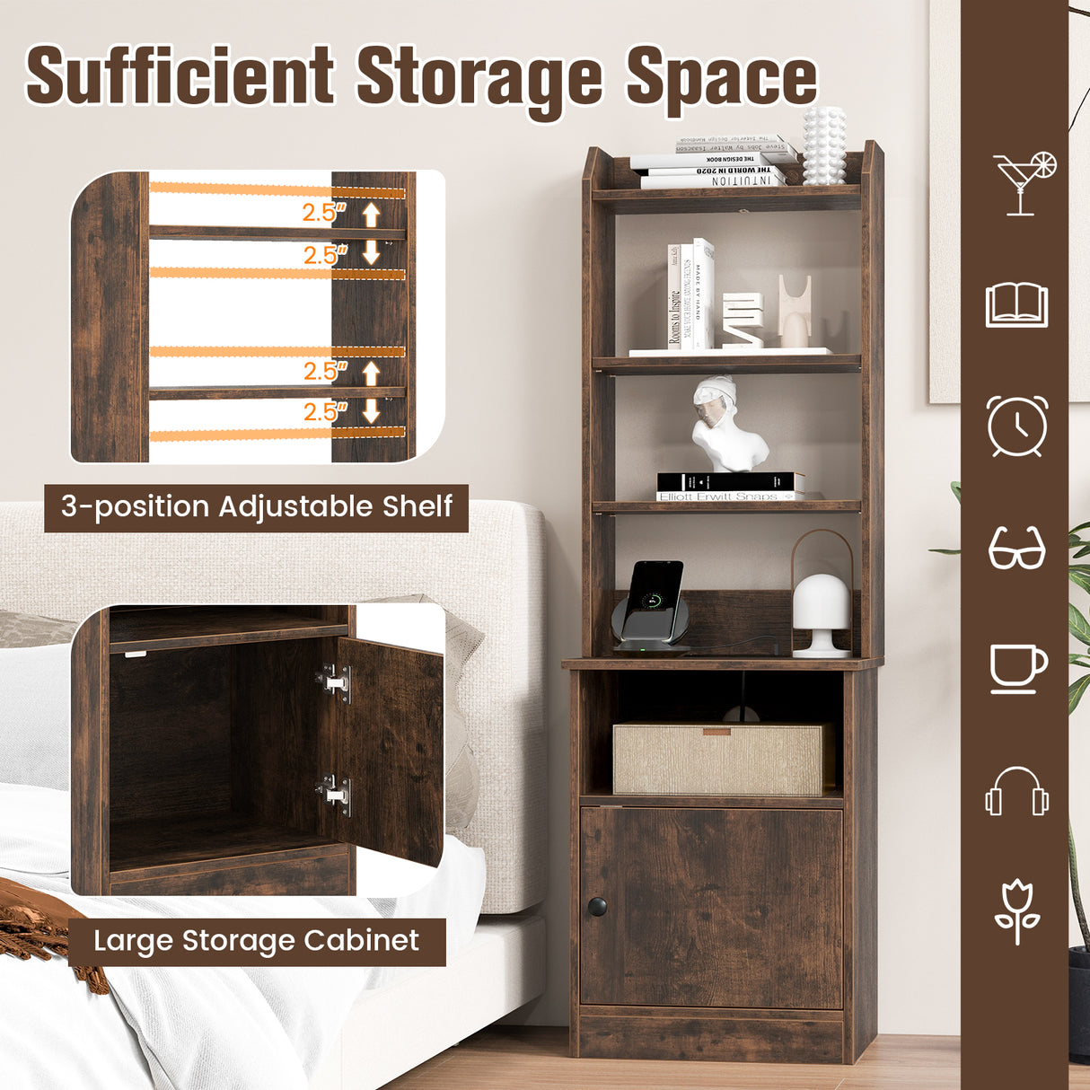6-Tier Bookshelf Nightstand with Charging Station and Cabinet-Rustic Brown