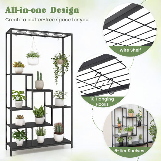 6-Tier Tall Plant Stand 71" Metal Indoor Plant Shelf with 10 Hanging Hooks-Black