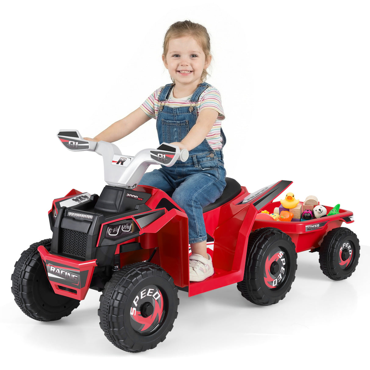 6V Kids Electric ATV Quad Car with Detachable Trailer-Red