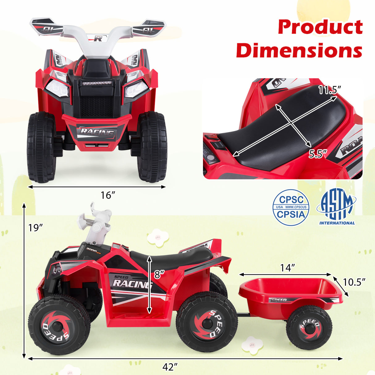 6V Kids Electric ATV Quad Car with Detachable Trailer-Red