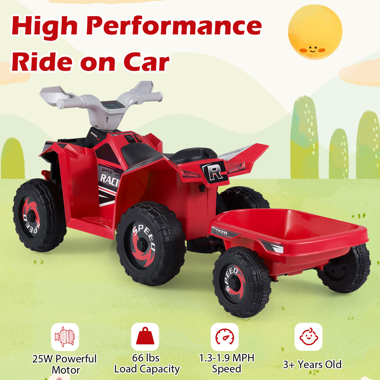 6V Kids Electric ATV Quad Car with Detachable Trailer-Red