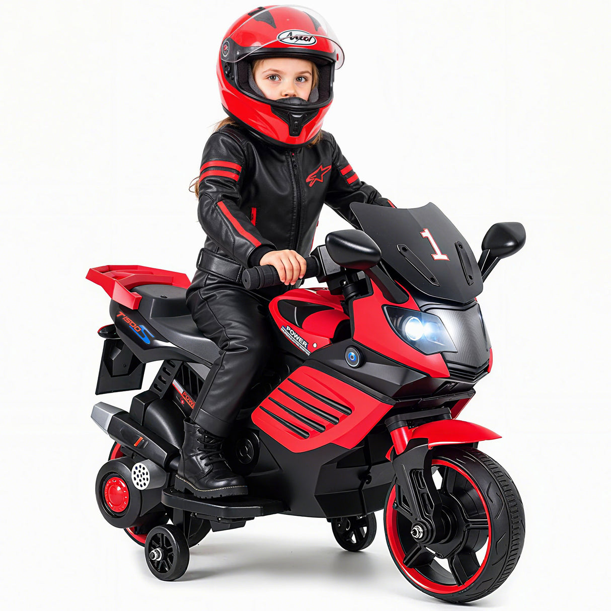 6V Kids Motorcycle with Headlights Music and Detachable Training Wheels-Red