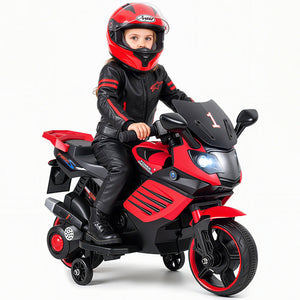 6V Kids Motorcycle with Headlights Music and Detachable Training Wheels-Red