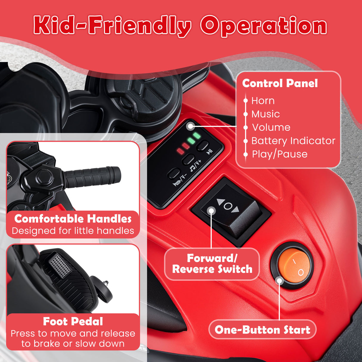 6V Kids Motorcycle with Headlights Music and Detachable Training Wheels-Red