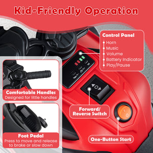 6V Kids Motorcycle with Headlights Music and Detachable Training Wheels-Red